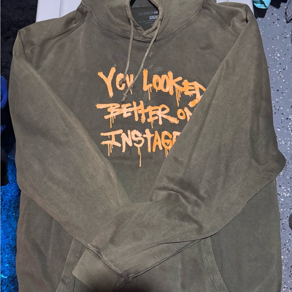 Fashion Nova Olive Sweater with Orange Graphic